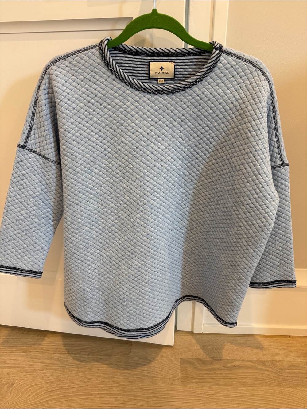 Tuckernuck Light Blue Quilted Crewneck with Navy Trim